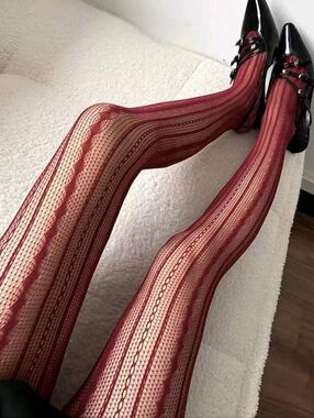 NWT Sexy Red Vintage Romantic Vertical Striped Openwork Hosiery Tights